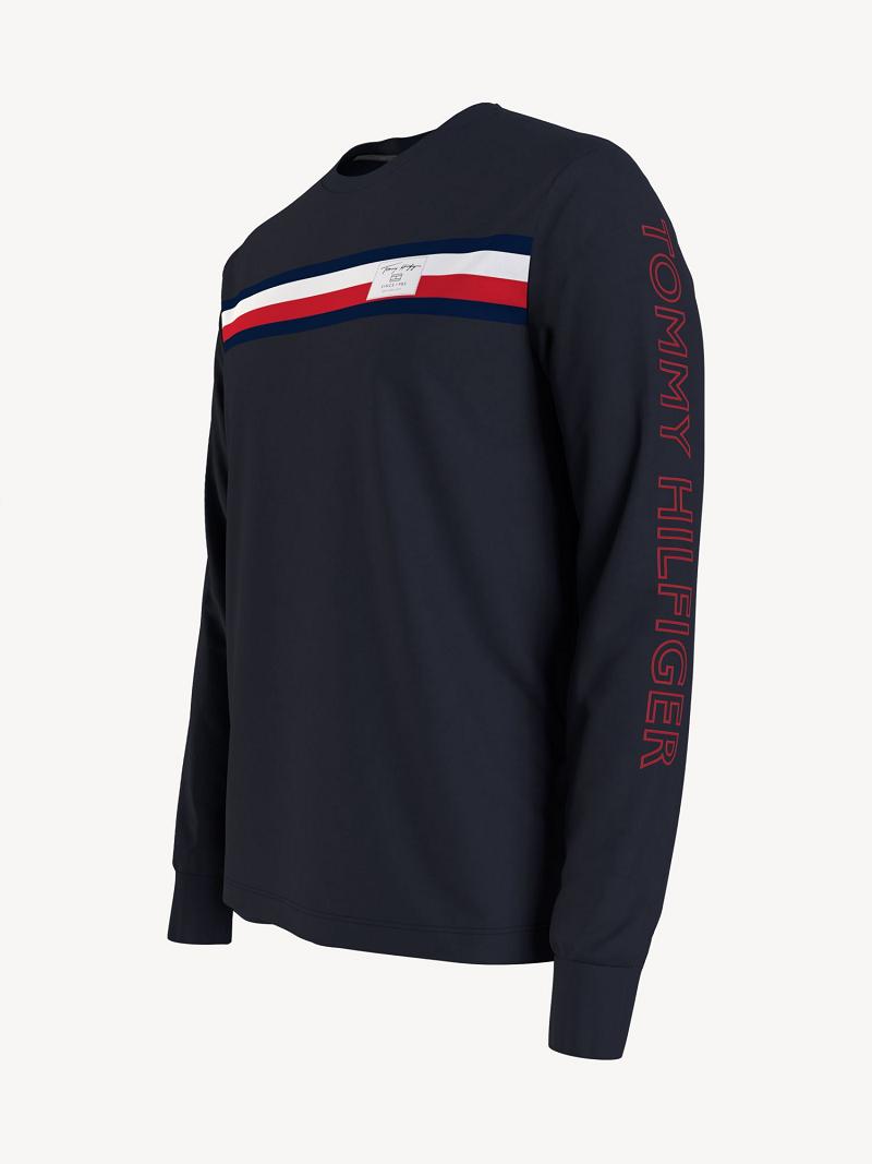 Férfi Tommy Hilfiger Logo stripe long-sleeve Póló Sötétkék | HU 836OKI